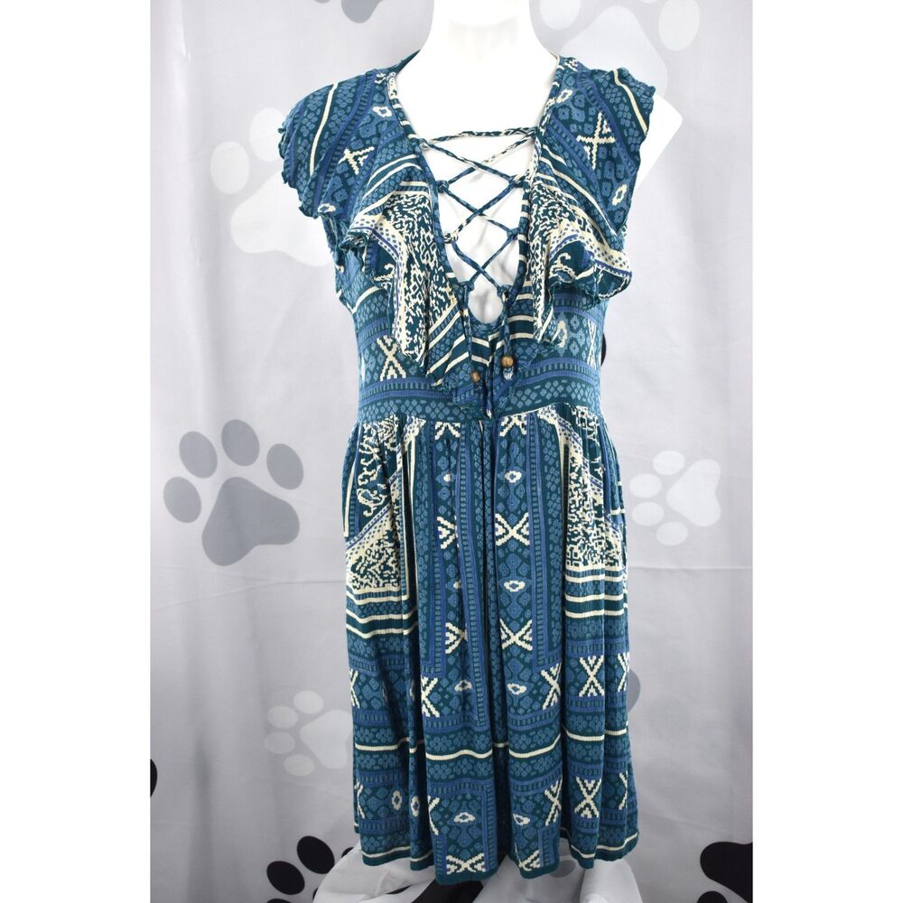 Raga Short Cap Sleeves Open Back Tassel Cage Neck Tie Boho Dress Blue Med